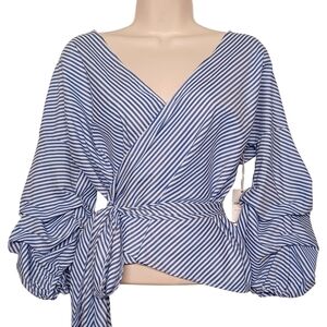 FOREVER 21 Top Blue White Pinstripe Print Statement Sleeve Wrap Top S NWT